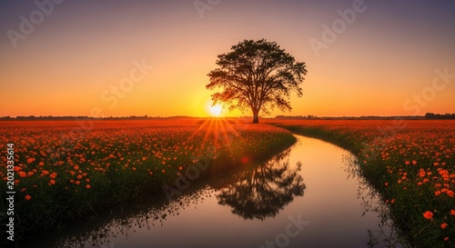 Golden Hour's Embrace: Solitary Tree, Whispering Waters