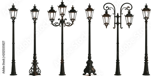 Foto Vintage ornamental street lamp collection featuring elegant wrought iron lantern
