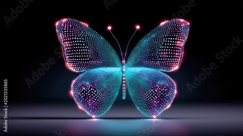 Futuristic Digital Butterfly with Neon Lights and Glowing Dots on Dark Background