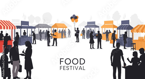 Bild auf Leinwand Silhouettes of people at a vibrant outdoor food festival market stalls