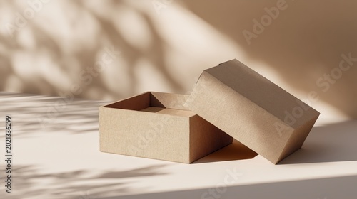 A textured, beige rectangular box with its lid slightly open is displayed on a smooth surface with soft shadows and a neutral background.