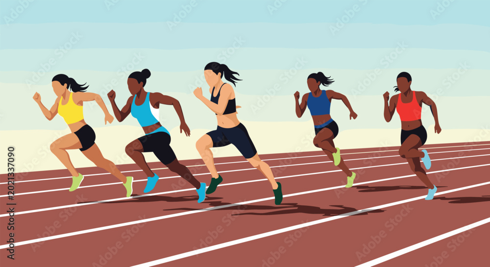 Fototapeta premium Group of five diverse female athletes in colorful sports gear compete in a sprint race on a professional running track under a clear sky.