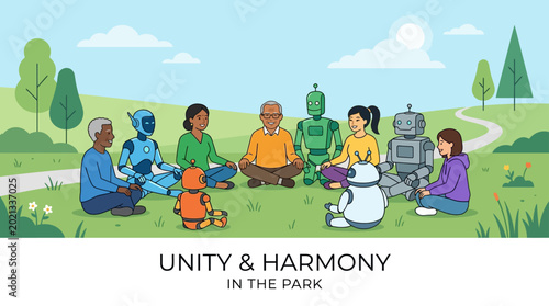 Quadro su tela Diverse group of humans and various robots sitting together in a peaceful circle