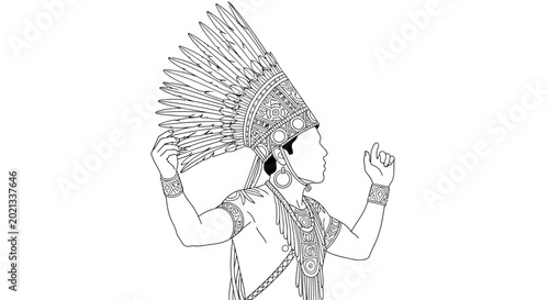 Foto Line art illustration of a traditional dancer in ornate headgear.