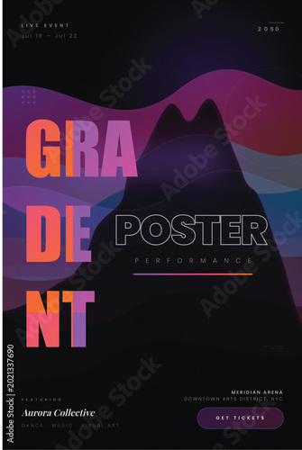 Modern Abstract Poster Template with Vibrant Liquid Gradients and Mountain Silhouette Layout for Corporate Event
