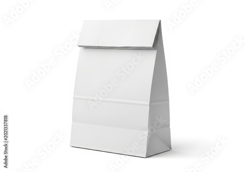 A white paper bag standing upright against a white background with a simple design.