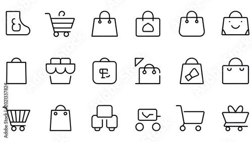 Tableau sur toile Collection of various shopping icons including bags and carts on white transpare