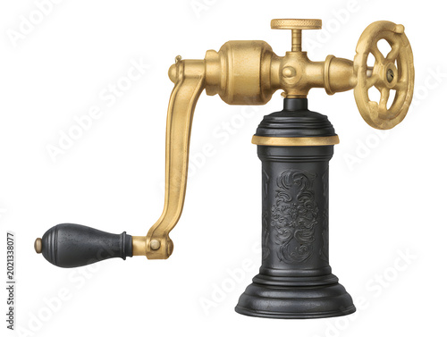 Vintage brass industrial hand crank and valve mechanism with ornate black pedestal. Isolated on transparent background