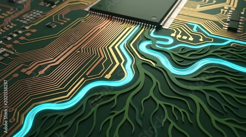 A computer chip and circuit board merge with organic root-like structures and glowing paths.