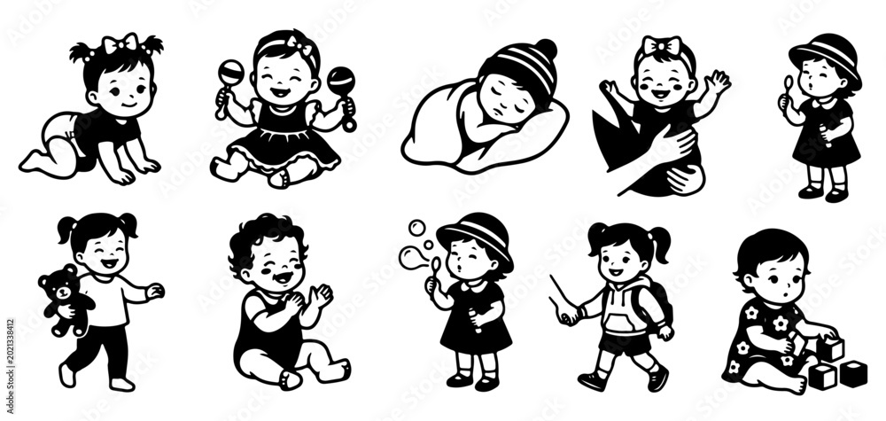 Fototapeta premium Baby and toddler silhouette set with different childhood activities. cute child icons for parenting education and healthcare design