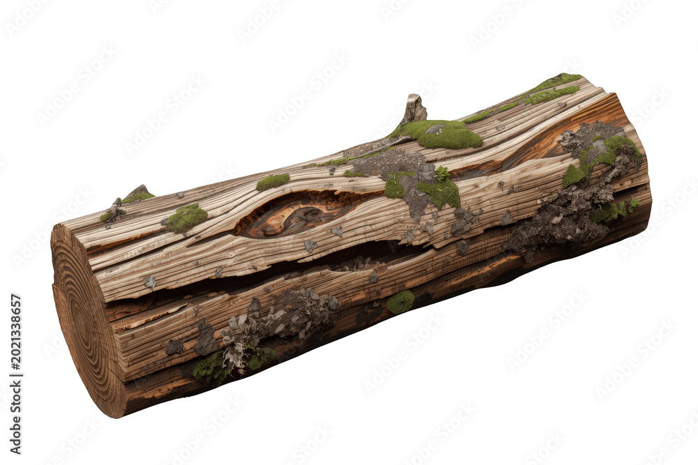 Fototapeta premium Old rotting log covered in moss and fungus, showing natural decay and weathered wood texture on a transparent background