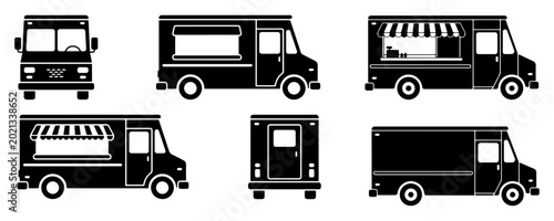 Bild auf Leinwand Food truck vector and commercial delivery van silhouette set, mobile street food
