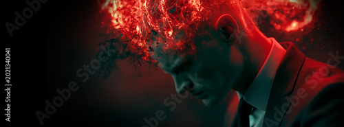 Side View of a Businessman with Head Transformed Into Glowing Red Energy and Smoke, Symbolizing Thoughts, Stress, Creativity and Mental Intensity in a Dark Cinematic Scene. Generative Ai.