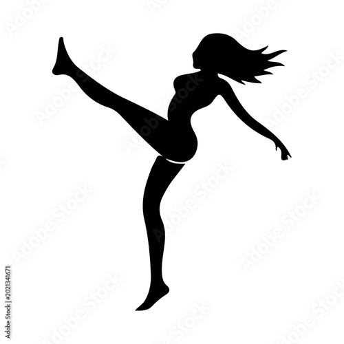 Black silhouette of woman doing yoga pose outdoors at sunset isolated on transparent background, Vector