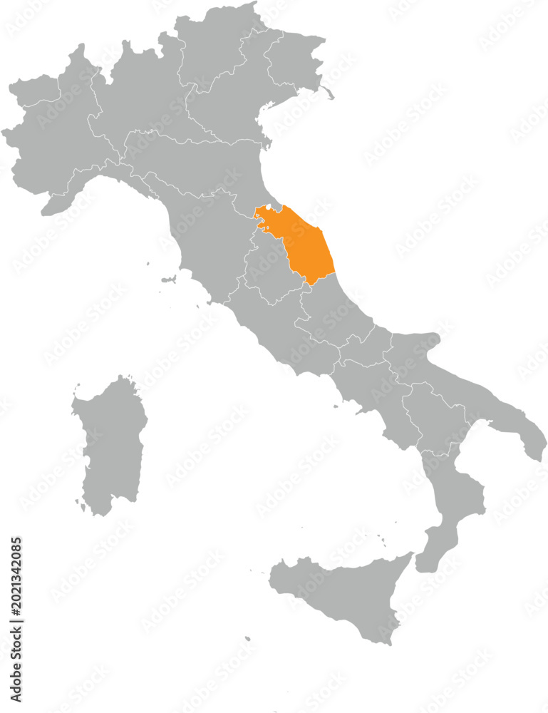 Obraz premium Marche Location on Map of Italy with States and Regions Editable Cartographic Illustration.