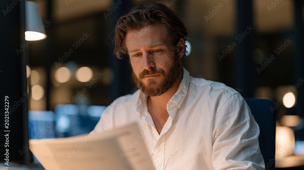 Obraz premium Intelligence analyst in secured facility reviewing classified briefing materials at isolated workstation, restricted access badge visible, no-window interior, government contractor setting, national
