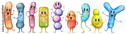 Foto Hand-drawn watercolor set of cute probiotic and prebiotic bacteria characters