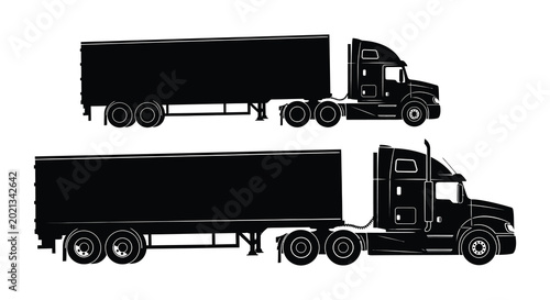 Tableau sur toile Semi truck silhouette on white background side and perspective views