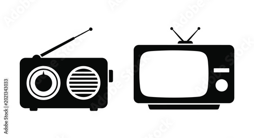 Cuadro en lienzo Retro radio and television silhouettes on a white background