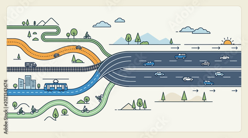 Fotografia Multimodal transportation network convergence infographic with various travel modes merging into a single highway