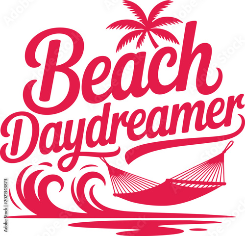 Beach daydreamer text with palm tree waves and hammock and beach life on transparent background