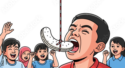 Konstfotografi A young boy participating in a traditional Indonesian Independence Day cracker eating competition