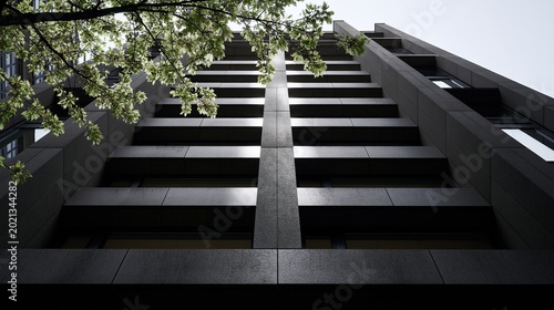 Low angle view of dark stone clad modern high rise building with symmetric horizontal lines and green tree leaves at top showing brutalist architectural symmetry and nature blend