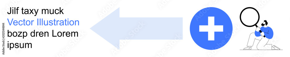 Fototapeta premium Healthcare, medical research, data analysis, diagnostics, investigation, solutions. A blue arrow points to a medical cross with a person examining a detail. Healthcare and medical research ion