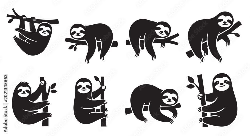 Fototapeta premium Sloth silhouettes in various tree branch poses against a white background representing slow living and nature