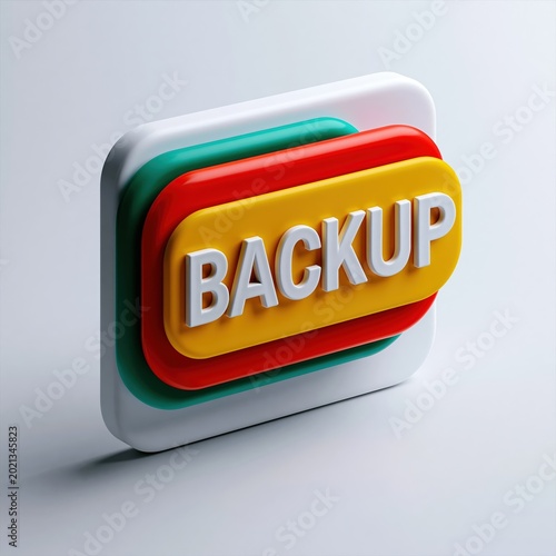 Colorful 3D backup button icon with layered design in yellow red green and white on light background