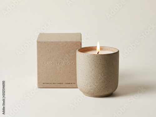 A lit scented soy candle in a ceramic jar with its cardboard packaging box