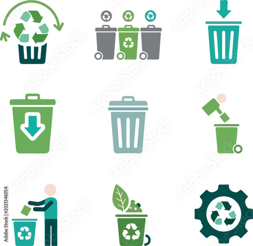 Recycling bins and waste management icons.