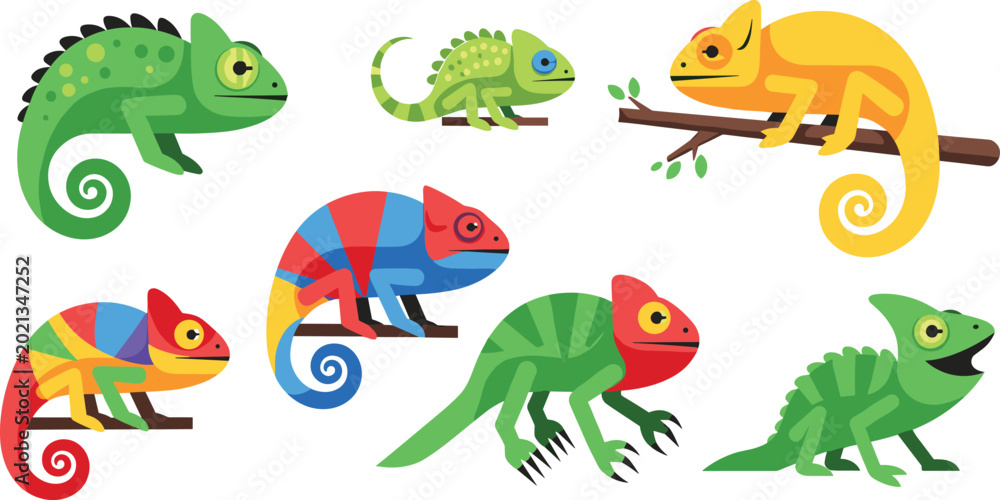 Obraz premium Colorful Cartoon Chameleon Reptile Icon Set with Various Poses, Branch, and Vibrant Color Species for Wildlife and Nature Designs