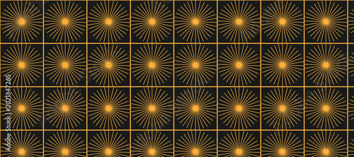 Foto Golden sunburst pattern on black background with grid lines and squares