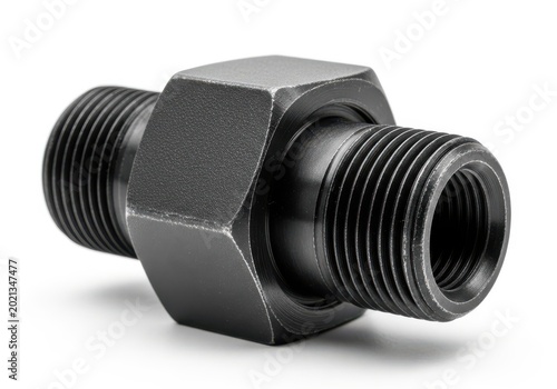 Close-up view of a black metal pipe fitting with hexagonal and threaded ends