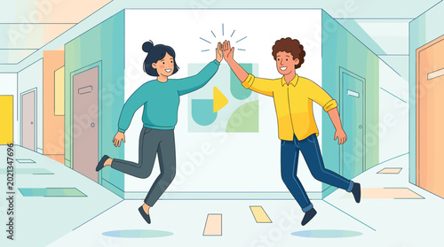 Enthusiastic male and female colleagues celebrating a success with a high five and jumping in a vibrant modern workspace.