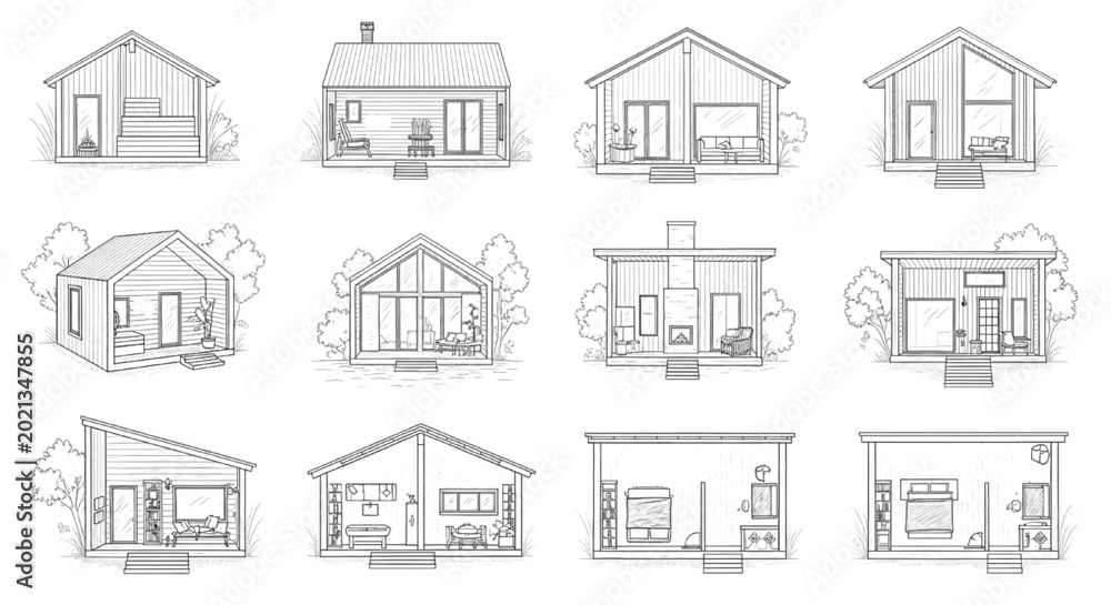 Obraz premium Scandinavian Cabin Elevation Collection Minimal Nordic Tiny House Architecture Vector