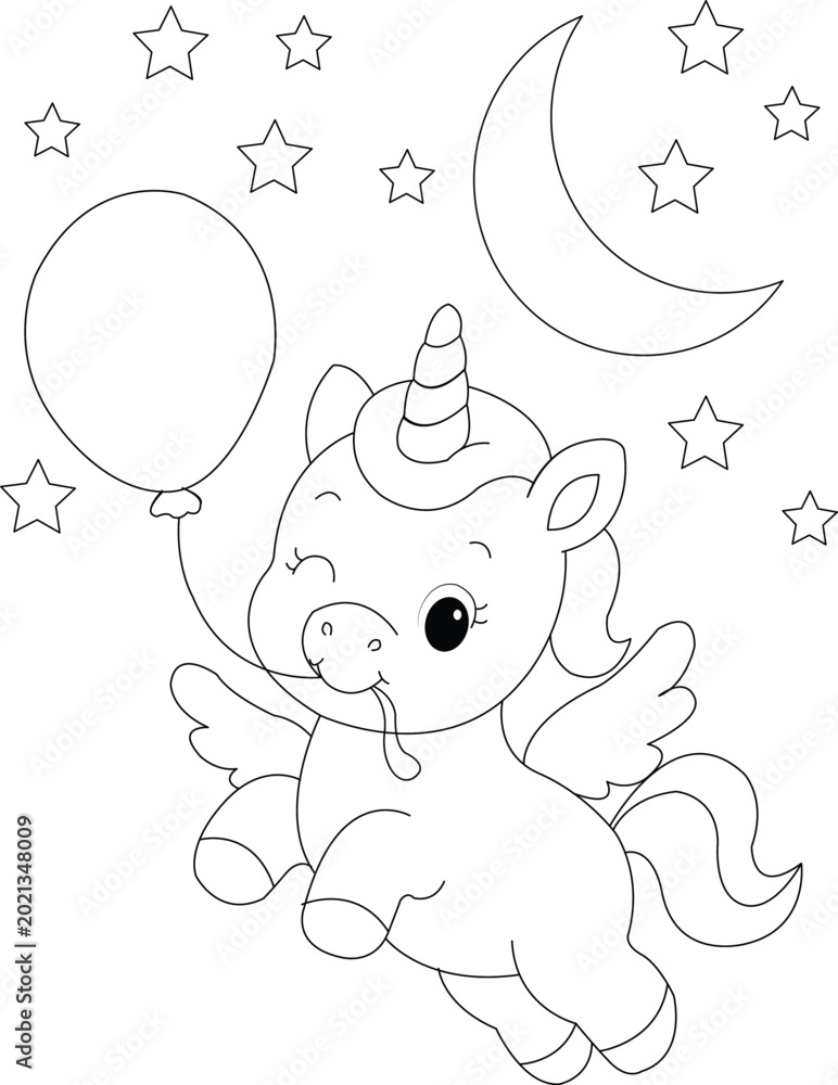 Obraz premium Cute unicorn holding a balloon, coloring page