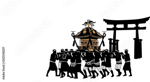 Group of men carrying a traditional Japanese portable shrine.