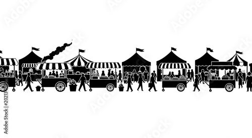 Black silhouette illustration of a busy outdoor street market with stalls and people.
