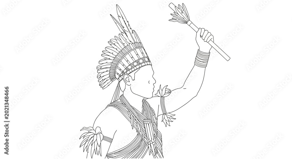 Fototapeta premium Native American Indian Chief Warrior Line Art Drawing.