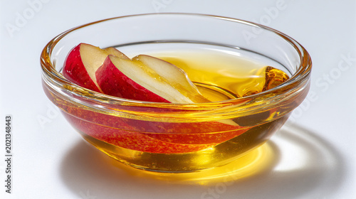Apple slices in a clear bowl of golden honey or syrup studio shot white background