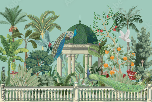 Mughal garden arch, plant, Peacock illustration for wallpaper. Tropical jungle wallpaper illustrations. Banana leaves Tropical leaves wallpaper.