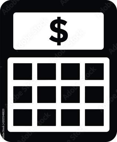 A simple black and white vector icon of a calculator showing a dollar sign symbol representing finance and accounting