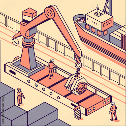 Tableau sur toile Heavy crane unloading bulk cargo from a ship at a port with workers supervising,