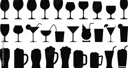 Foto Large set of black drink glassware silhouettes including wine glasses cocktail martinis and beer mugs isolated on white background vector