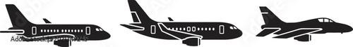 Foto Modern Aircraft Silhouette Set Featuring Commercial Passenger Jets and Fighter P