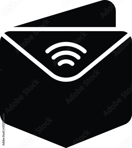 A simple black icon shows a wallet with a wireless payment symbol to represent digital mobile finance and contactless transactions