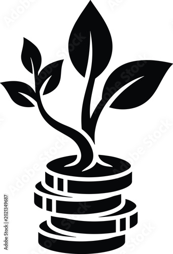 A small green plant growing from a stack of coins representing financial growth and investment success