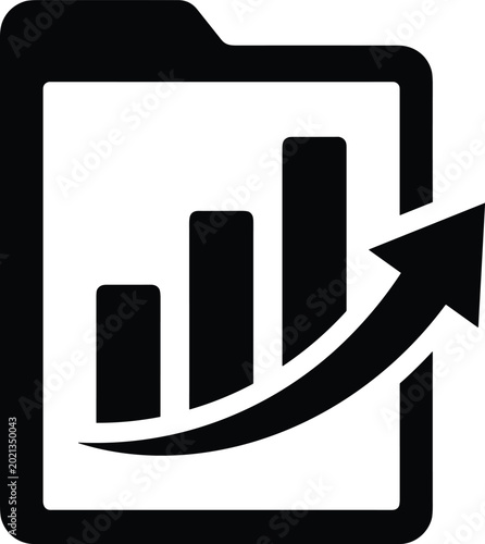 Black business icon showing a growing bar chart on a document folder representing financial progress and data analysis